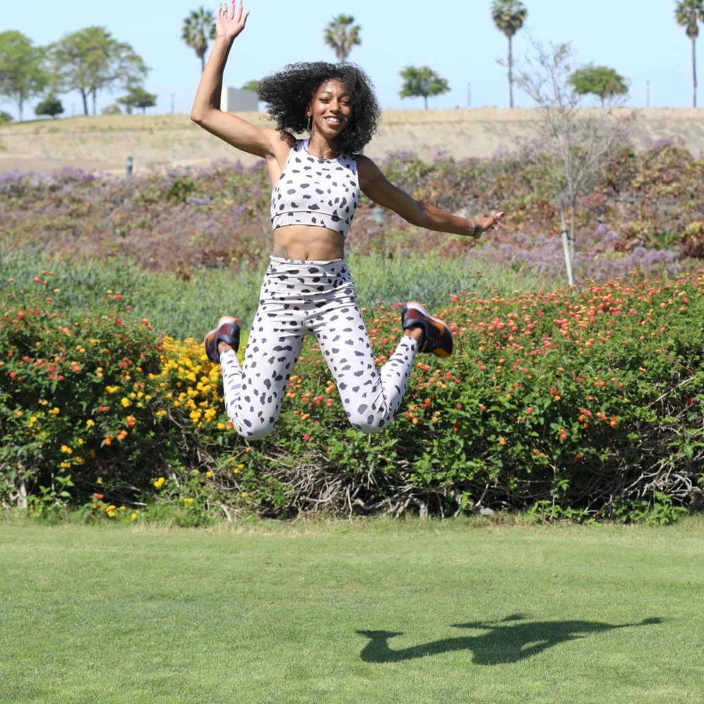Womens Ribbed Dalmatian‎ Print Activewear Set Crop Top and Leggings Pink Black - Picture 4 of 4